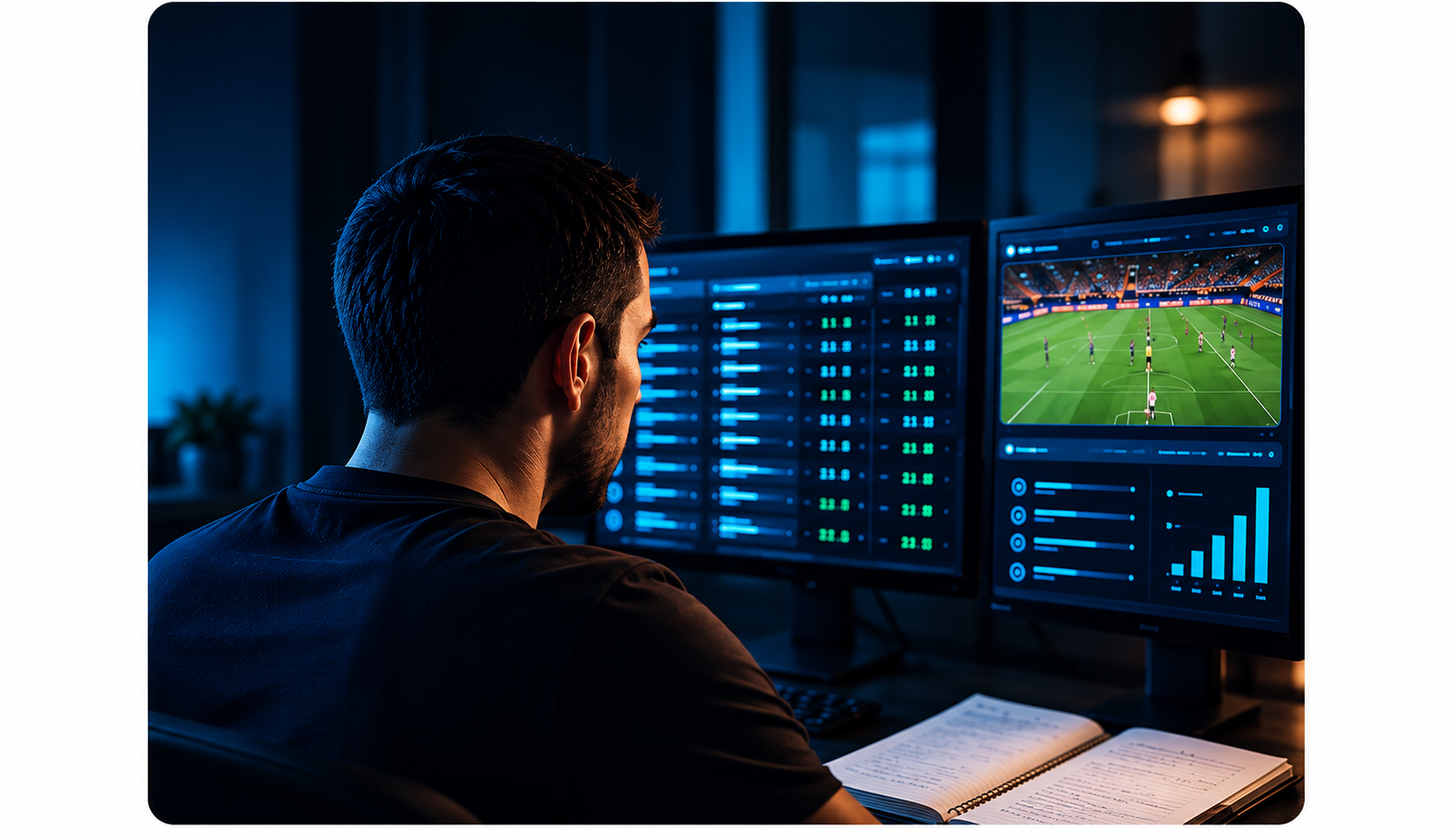 Sports arbitrage operator analyzing betting markets on multiple monitors