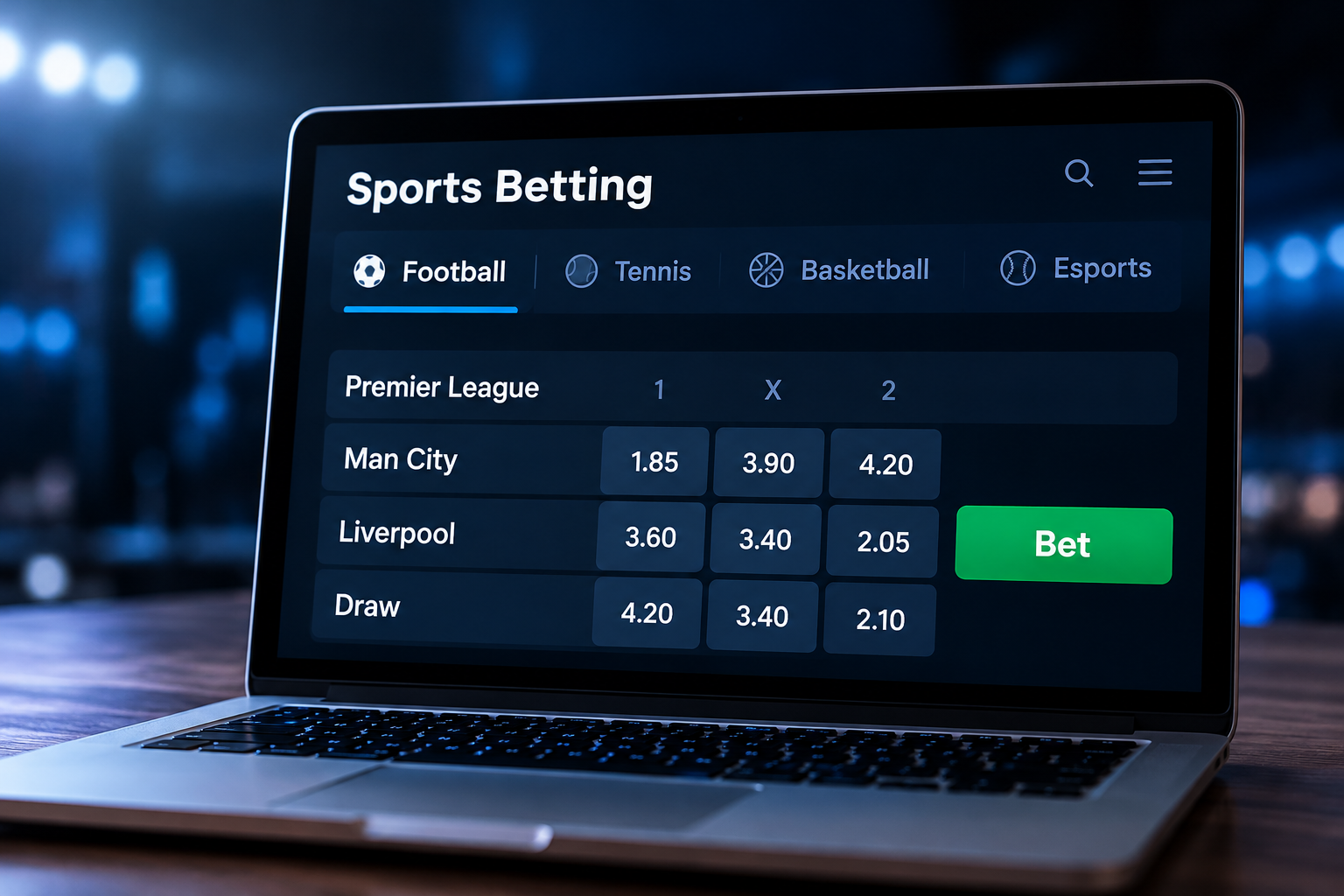 Laptop displaying a sports betting platform with football markets and odds
