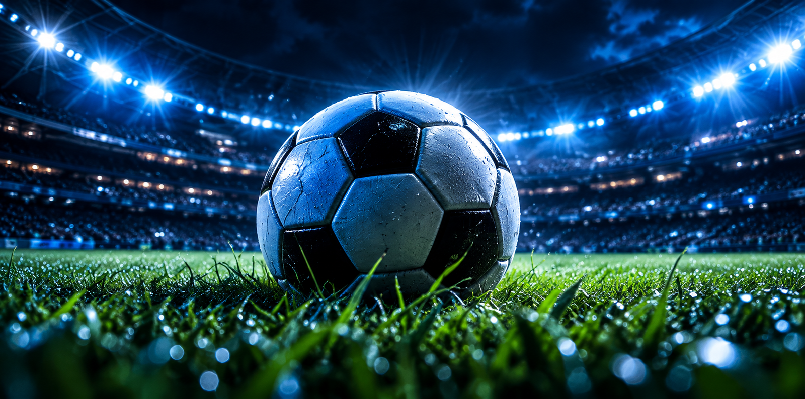 Football on a stadium pitch under blue floodlights