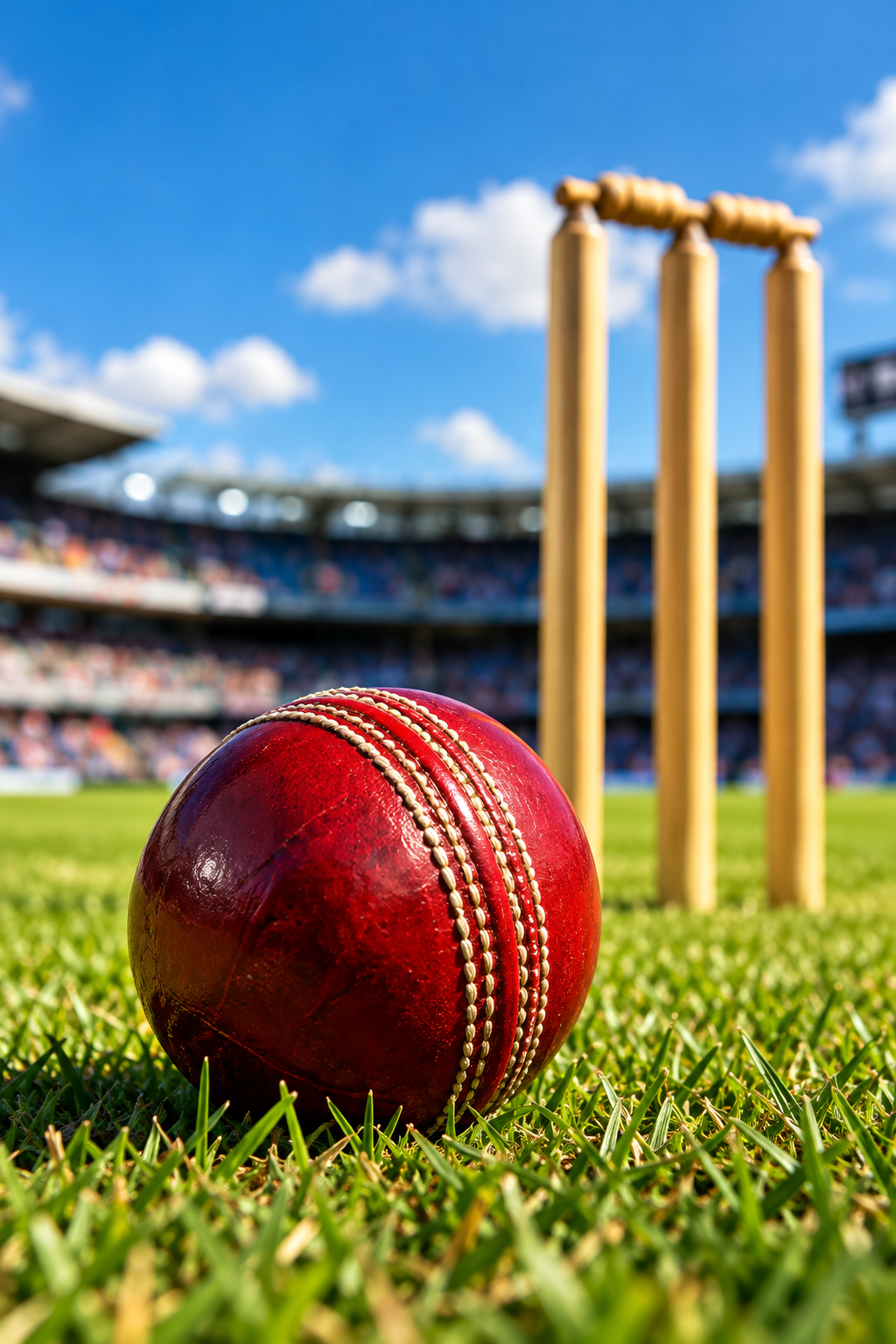 Red cricket ball on a grass field with cricket wickets in the background