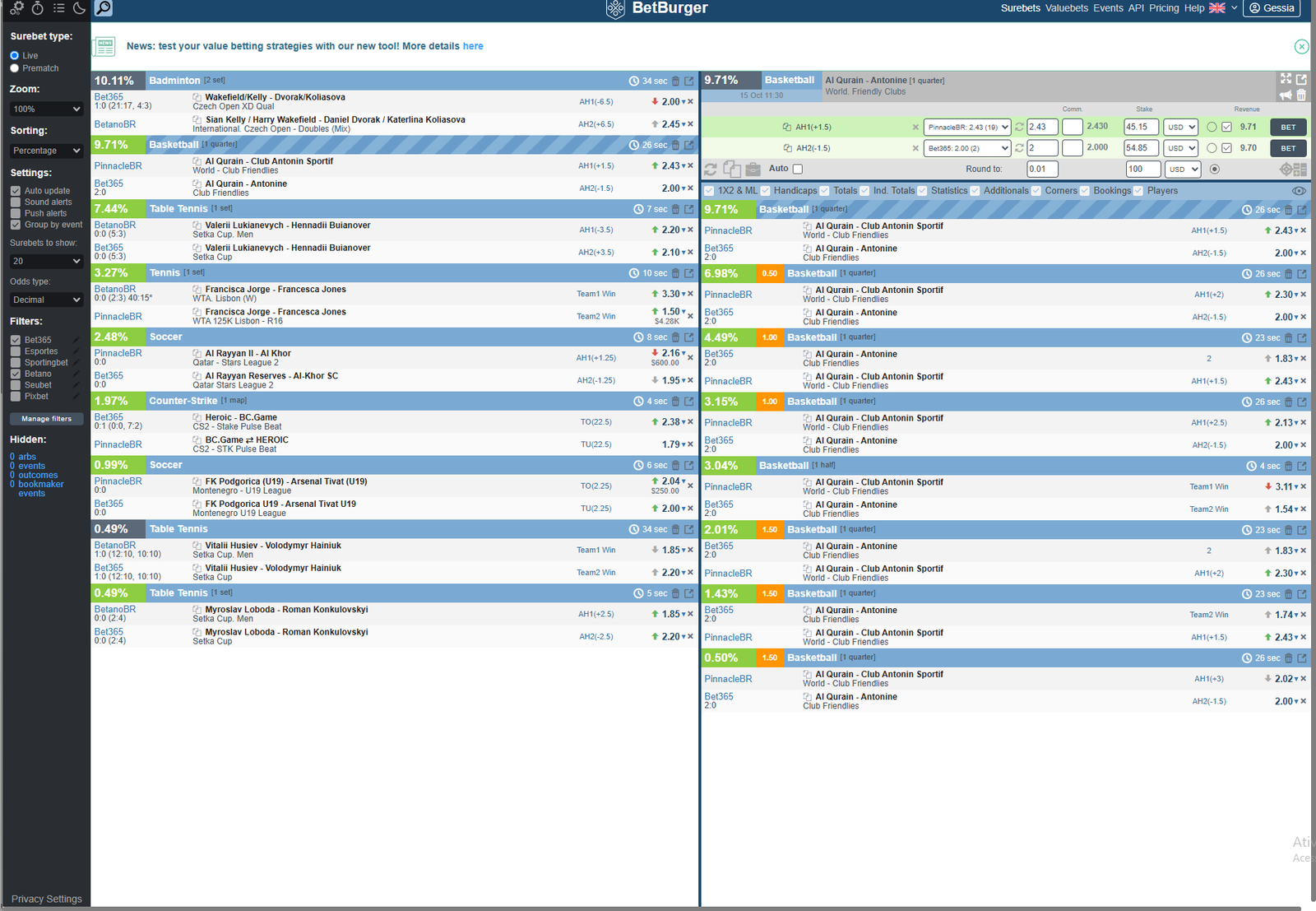 Real BetBurger Live scanner screenshot displaying arbitrage opportunities and the integrated calculator