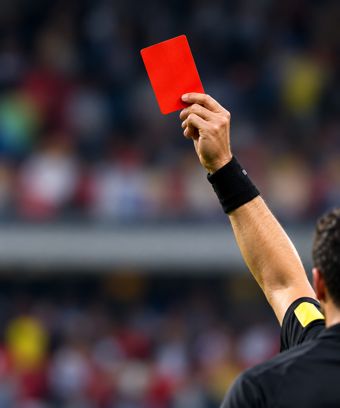 Football referee holding a red card in a stadium