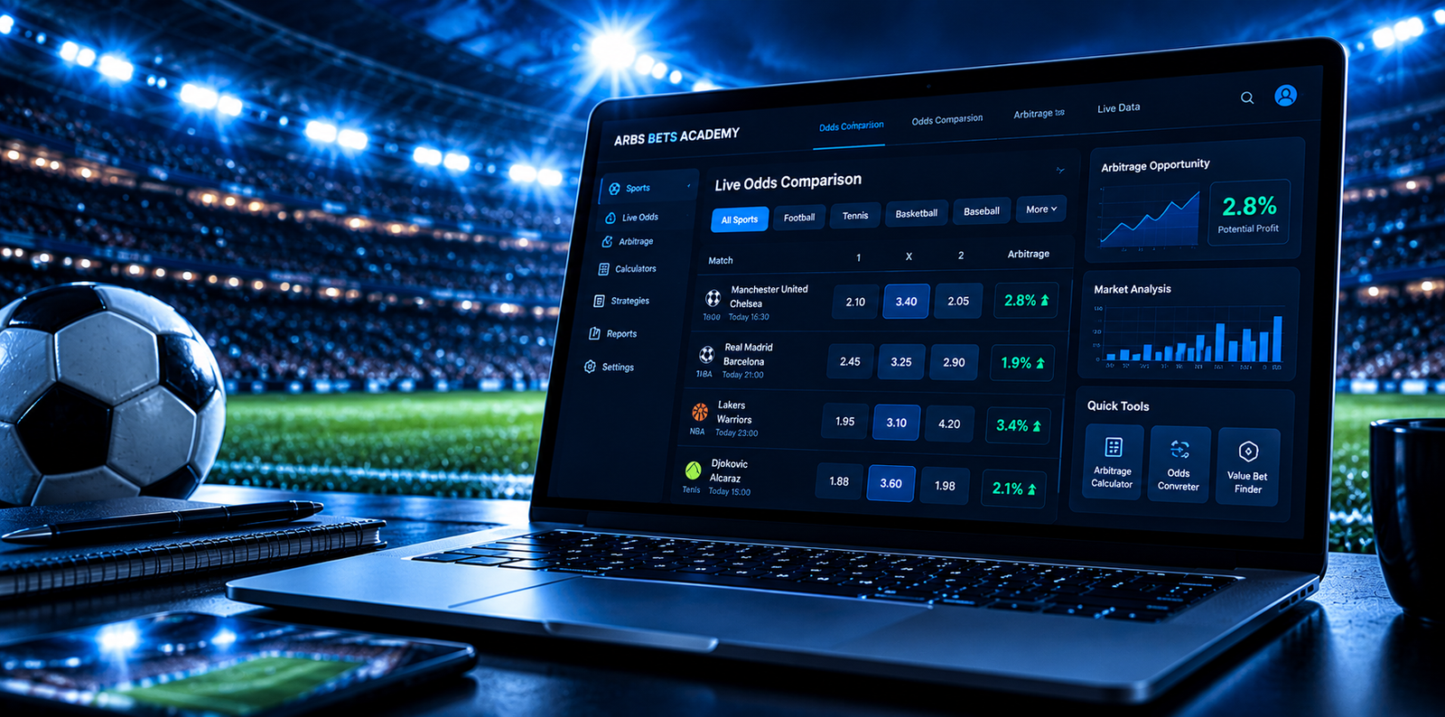 Sports odds analysis dashboard on a laptop in a stadium
