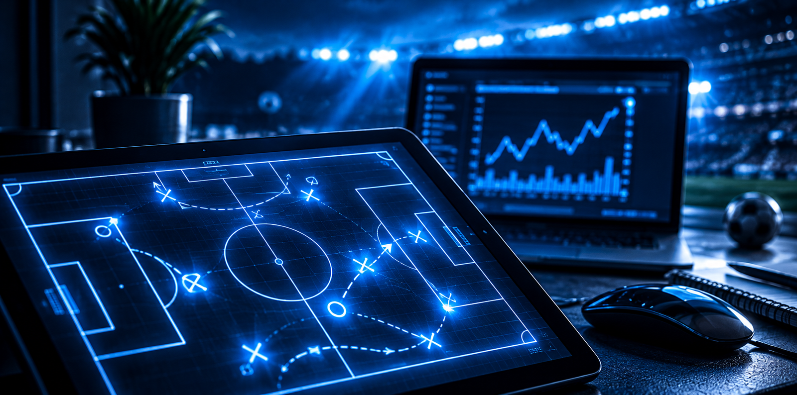 Blue digital football strategy board and analytics