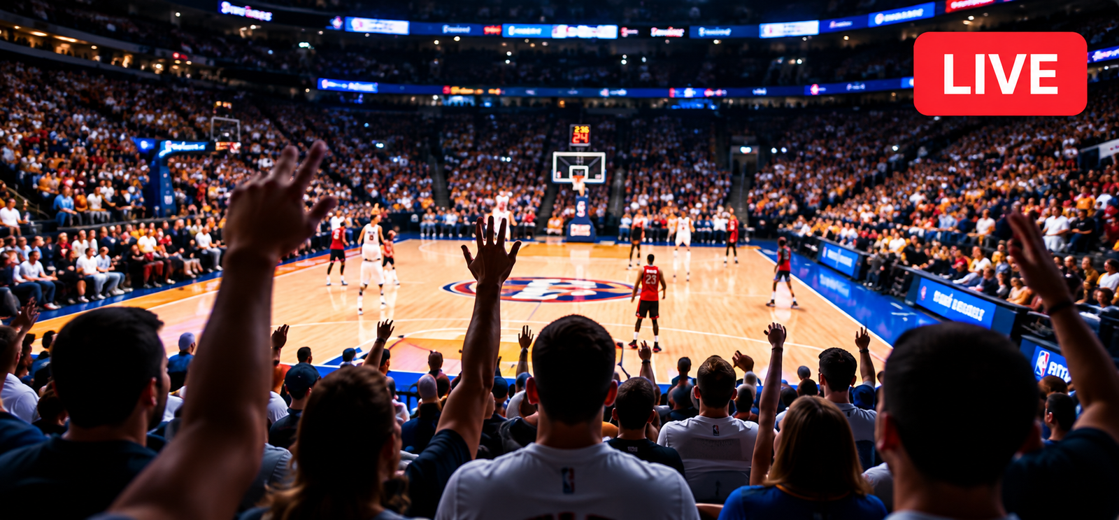 Live basketball game in a crowded arena